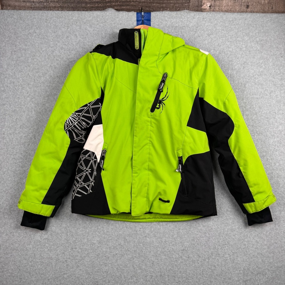 Spyder Ski Jacket Boys Size 10 Neon Green Hooded Insulated Winter Coat Snowboard
